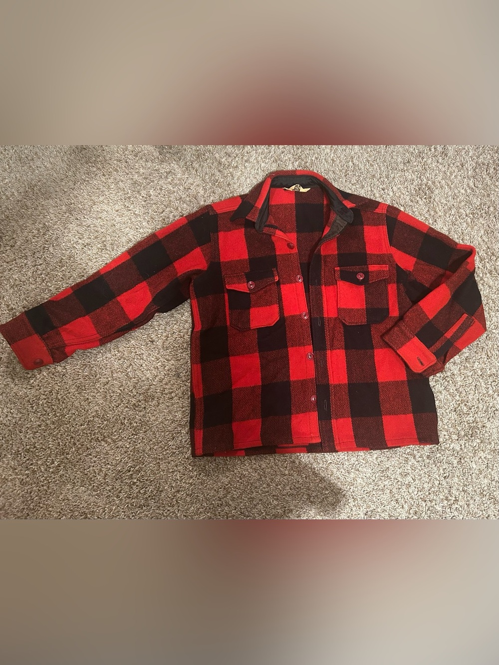Woolrich 60’s Vintage Plaid RED BUTTON Wool Shirt Jacket, LRG/Sz16 Red/Blk EUC